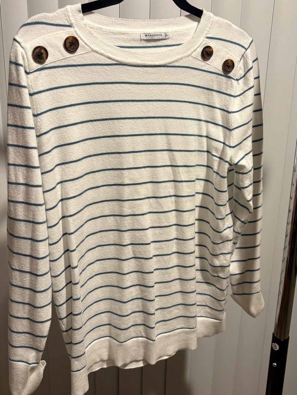 Staccato Cream Sweater with Blue-Green Stripes and Shoulder Buttons